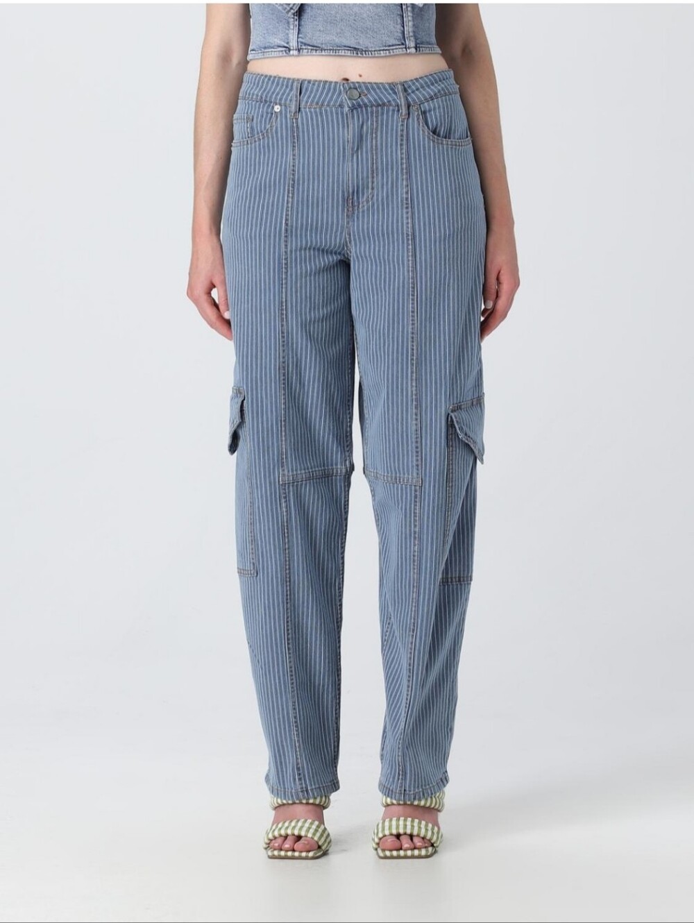 Ganni Blue Pinstripe Straight-Leg Cargo Jeans